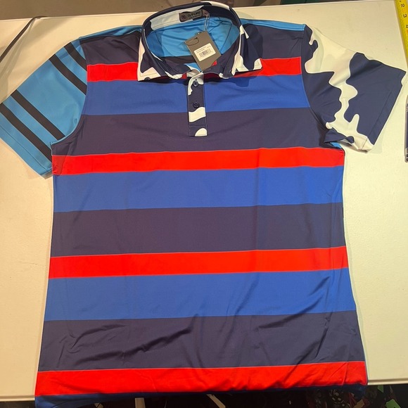 NWT G/Fore G4 Golf Shirt Polo Sleeve Logo L Blue Stripe RYDER CUP USA MSRP $120 - Picture 1 of 7